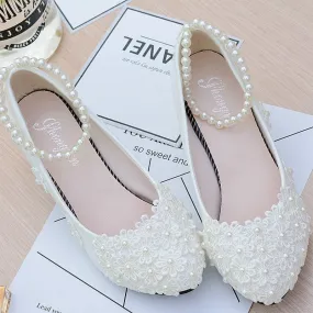 Chic White Bridesmaid Shoes with Pearl Straps and Floral Details