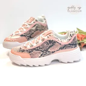 Last Chance Size 6 | Bad Blood Chunky Lace Up Sneakers in Blush Snake