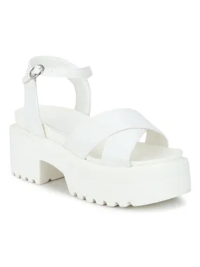 White Box Crossover Cleated Bottom Platform Block Heels