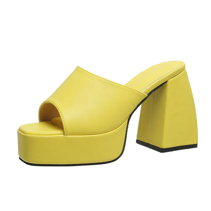 Women solid color square peep toe chunky slide platform heels