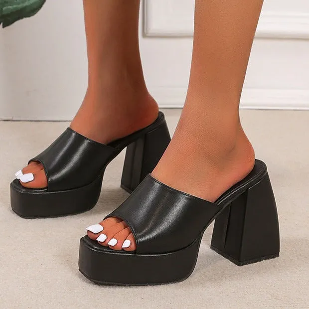 Women solid color square peep toe chunky slide platform heels