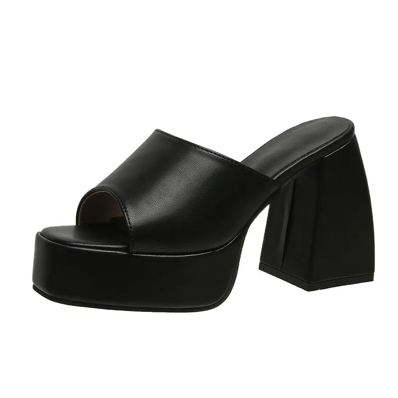 Women solid color square peep toe chunky slide platform heels